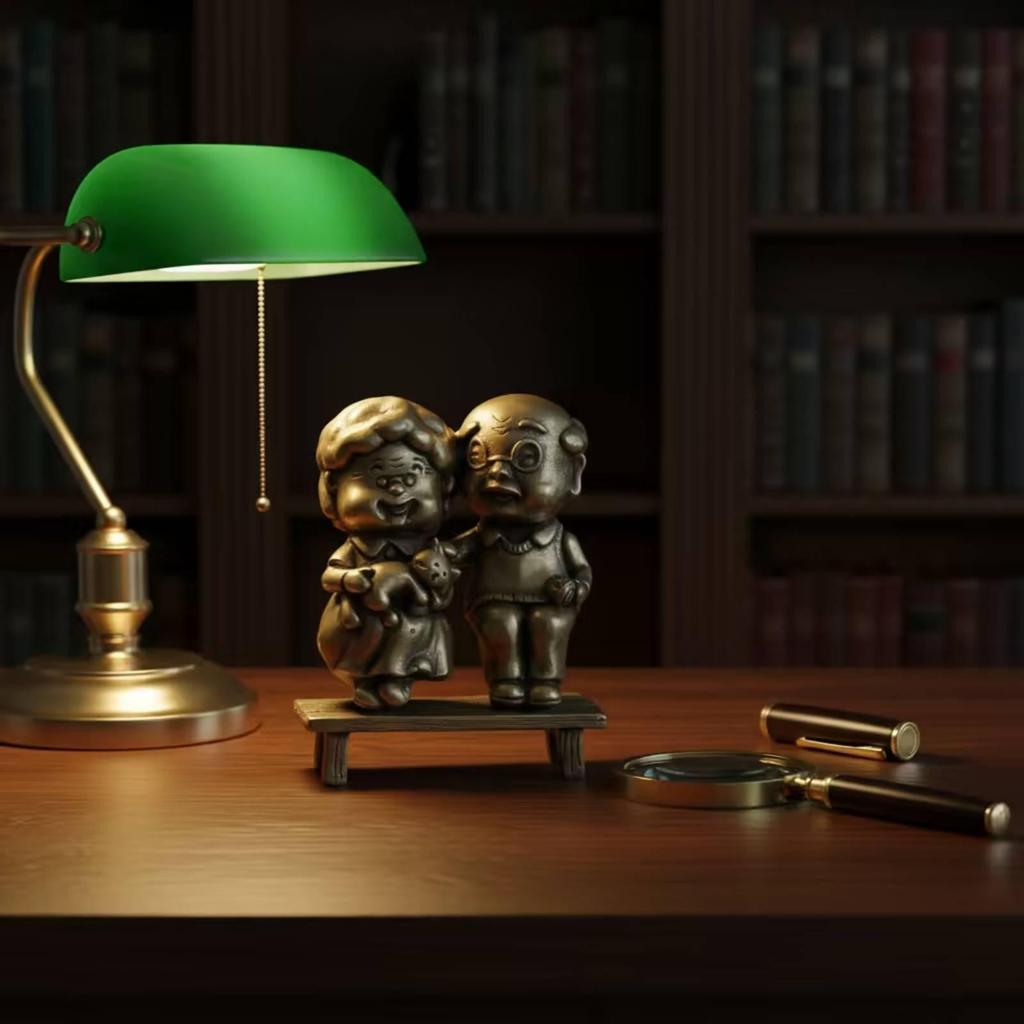 Elderly Couple Statue Brass Figurine with Bench MetalFinish for Couples, Desk