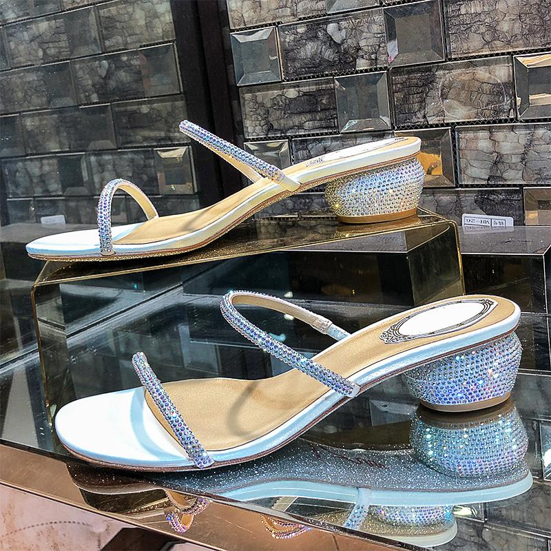 Fashion Round Heel Sandals 2025 Summer Women's New Rhinestone One Word with Fairy Style Egg Heel Fashion Sandals