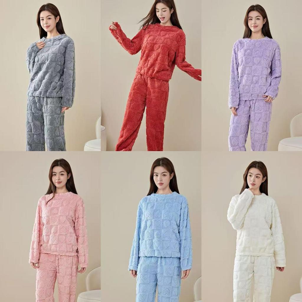 Women's Heart Print Flannel Pajama Set - Warm Winter Coral Fleece Homewear