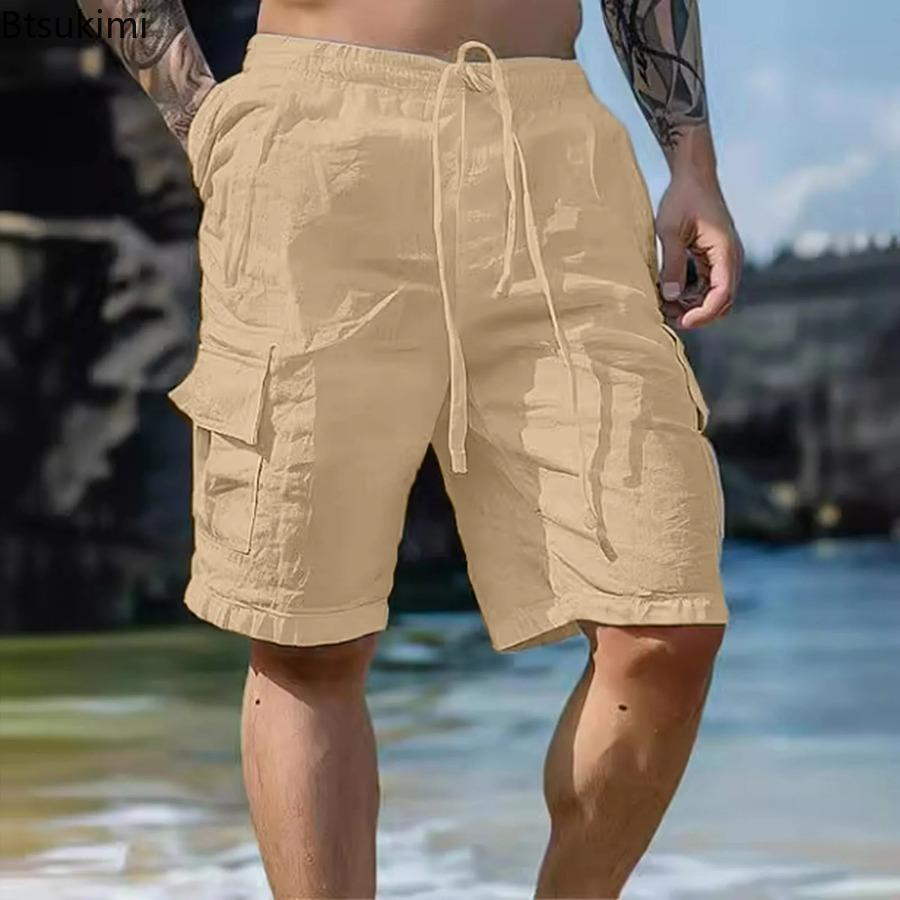 Men's Summer Fashion Loose White Cargo Shorts Handsome Streetwear Beachwear Solid Color with Pockets Shorts Workout Pants