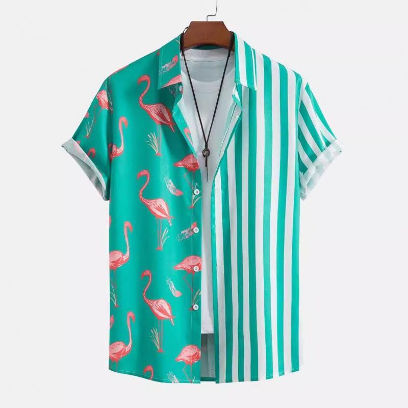 Camicia da Uomo a Maniche Corte a Strisce di Fenicottero Hawaiano Stile Europeo Americano Stampa Digitale 1D TEMU Vendita Calda