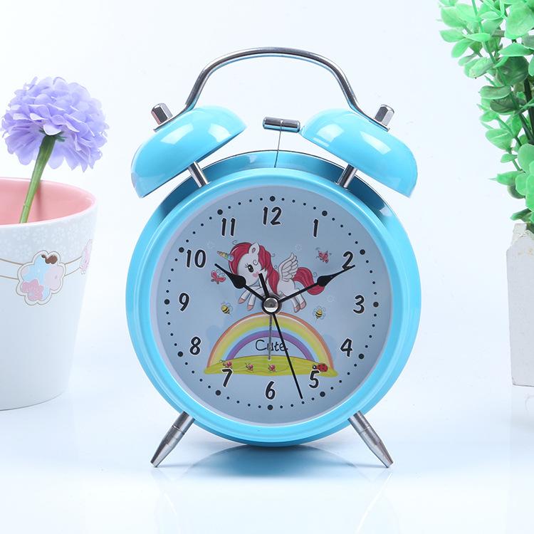 Metal spray paint cartoon bell alarm clock creative children primary school bedside night light double bell fashion alarm clock face