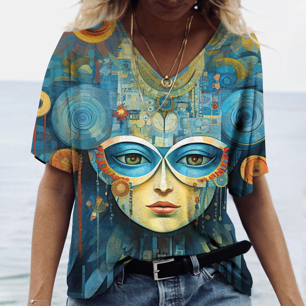 Funny 3D Beauty Pattern Women's T-Shirts Fashion V-neck Short Sleeve Top Summer Street Hip Hop Tee Fashion Loose Female Clothing