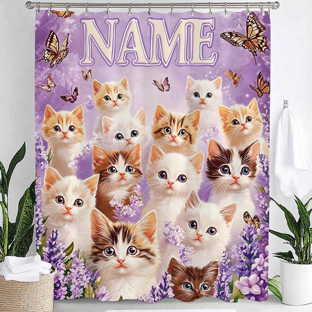 

Cartoon Cute Flowers And Cats Shower Curtain, Bathroom Decorative Shower Curtain, Printed Fabric Home Curtain With Hooks W60H190(CM)-1 Pcs
