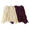 Womens V-Neck Layered Ruffle Pleated Blouse Loose Fit Street Style Long Sleeve Shirt In Solid Colors