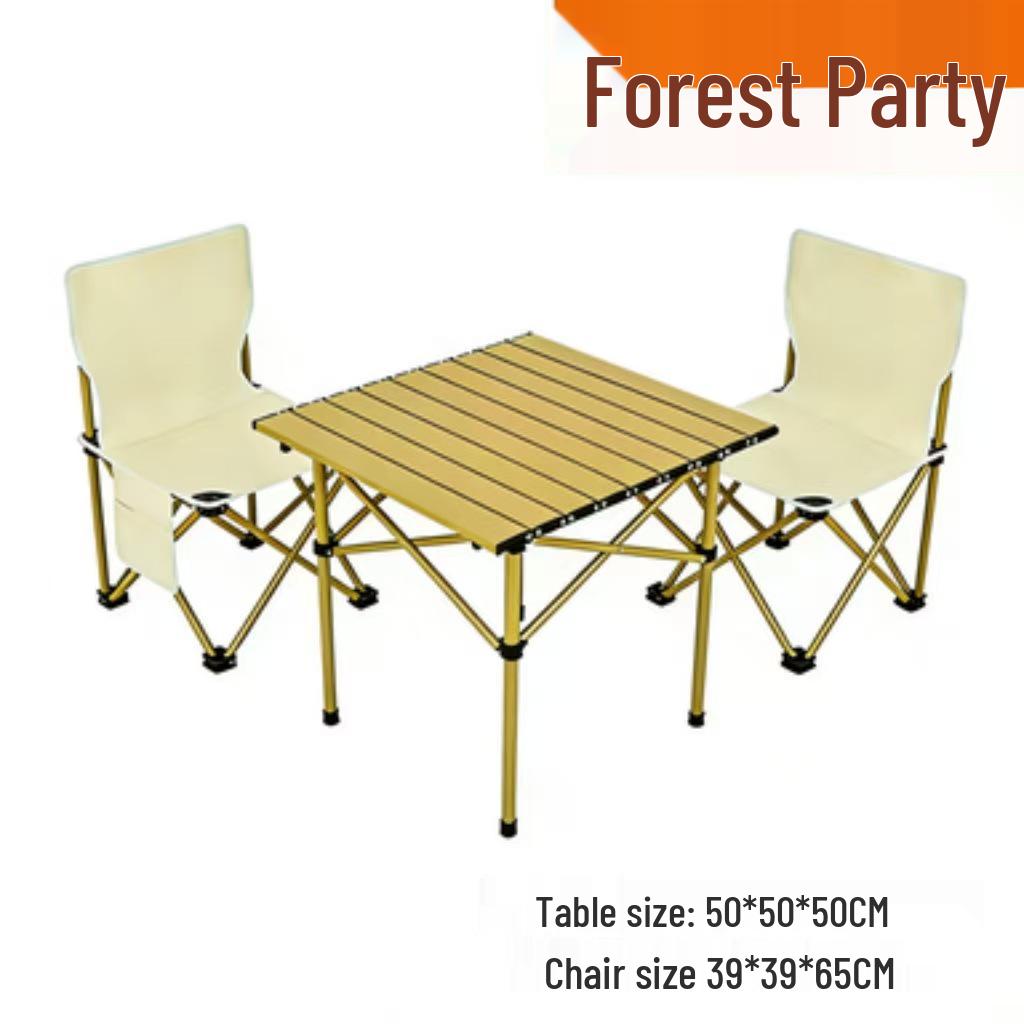 Khaki Portable Outdoor Folding Table and Chair Set with Storage Bag for Camping, Picnics, and Forest Parties.