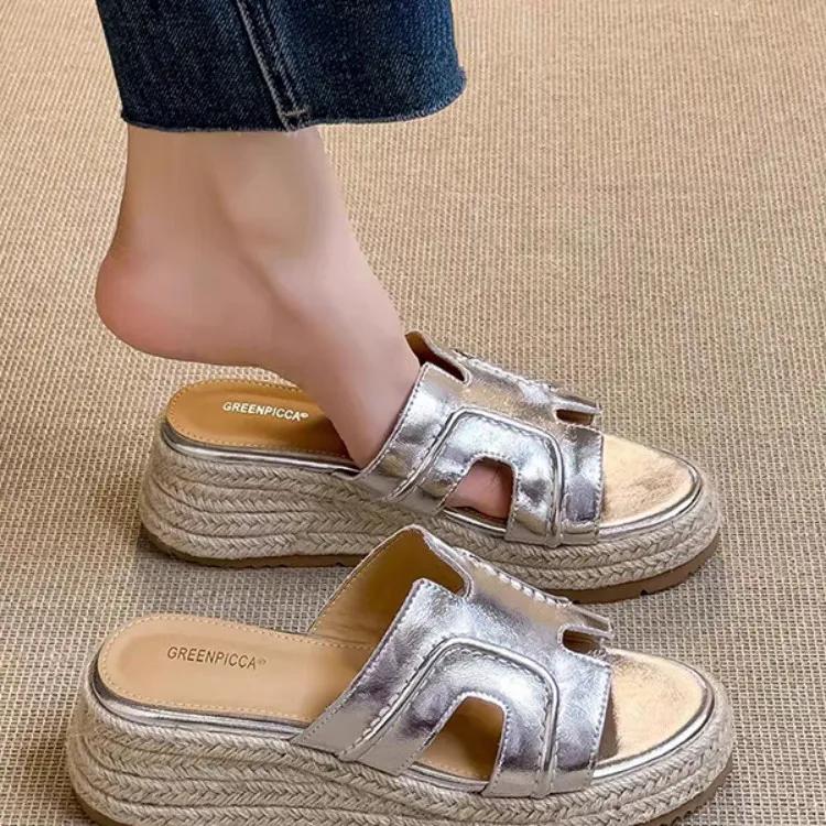 

Весенне-летние женские тапочки с полым ремешком, водонепроницаемые, на толстом каблуке, плетеные из веревки, в деревенском стиле, слипоны 34EU/CN35 серебряный