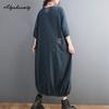 Plus Größe Frühling Sommer Frauen Denim Midi Kleid O Neck Patchwork Übergroßen Taschen Kleid Halbe Hülse Vintage Lose Kleid