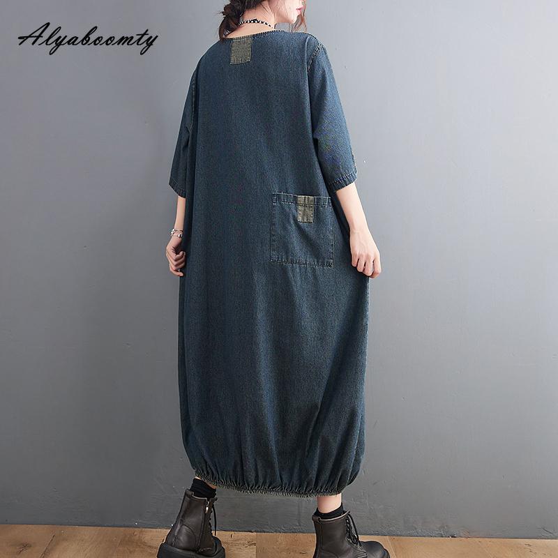Plus Größe Frühling Sommer Frauen Denim Midi Kleid O Neck Patchwork Übergroßen Taschen Kleid Halbe Hülse Vintage Lose Kleid