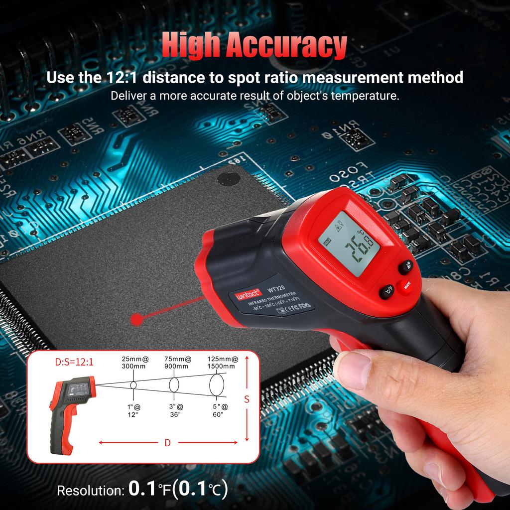 Wintact berührungsloses Infrarot-Thermometer -58 bis 716 Fahrenheit Präzisions-Digitalthermometer Sofortanzeige