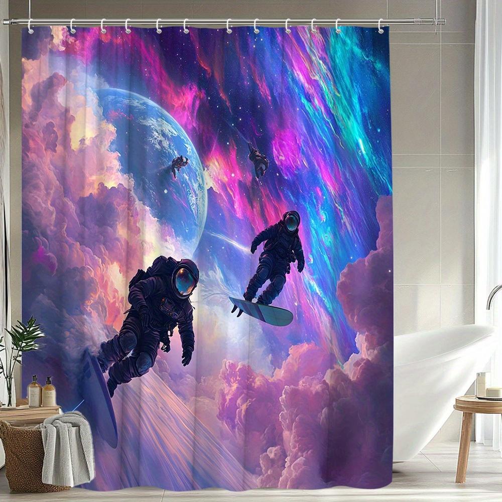 Space Surfing Astronauts Waterproof Mildew-Resistant Shower Curtain - Futuristic Design for a Cosmic Bathroom Décor Experience