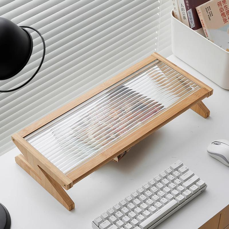 Longhong Adjustable Glass Monitor Stand Desktop Screen Riser Office Display Shelf Organizer Modern Workspace Storage Rack