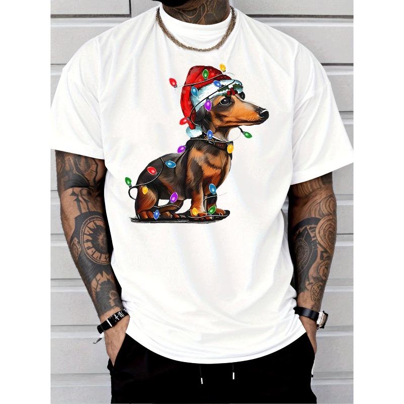 

European sizes Men s Dachshund Dog Christmas Lights T-Shirt with Santa Hat - Short Sleeve Casual Tee, Wrinkle-Resistant & Breathable 4XL білий
