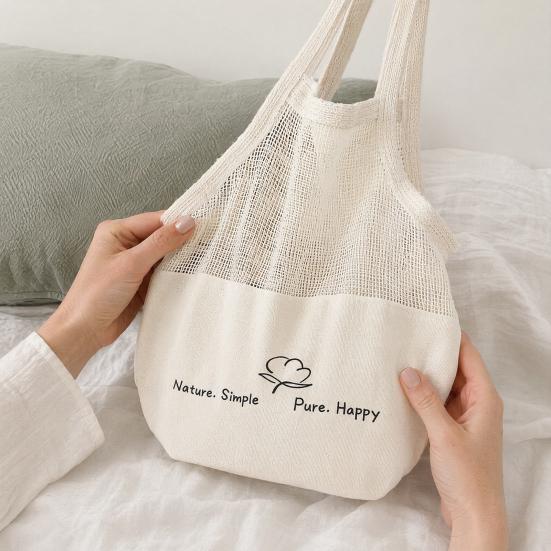 Xiaobudian Canvas Shopping Bag, Mesh Splicing Large Capacity Tote Reusable Washable Grocery for And Daily Use