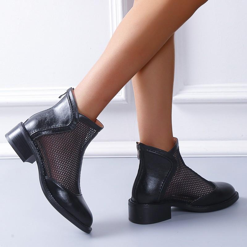 Cizme cu plasă pentru femei 2024 Nou vară cu cap rotund Sandale pentru femei la modă plasă cu toc mijlociu Stradă cu fermoar respirabil Sandale pentru femei