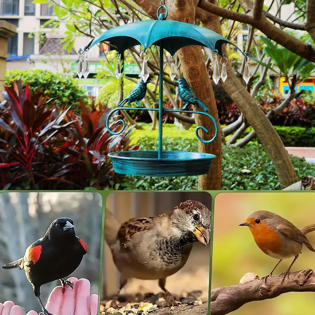 Wrought Hanging Bird Feeder with Umbrella Design for Outdoor Garden