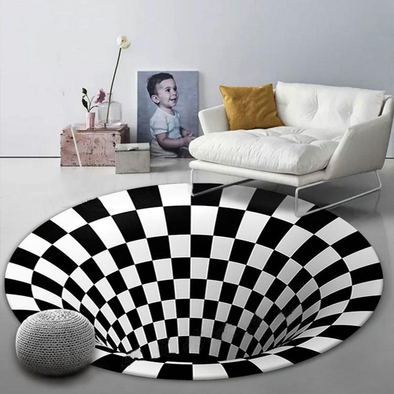 3D Stereo Vision Round Carpet for Living Room Simple Black and White Carpet Area Rugs Geometric Anti-Skid Home Bedroom Floor Mat