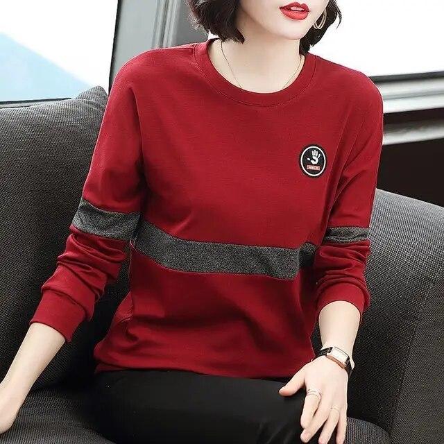 

Весенне-осенняя новая футболка, женский топ с длинными рукавами, корейская свободная универсальная рубашка с круглым воротником, M-5XL 4XL красный