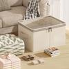 Linen Fabric Storage Box with Clear Window Collapsible Wardrobe Clothes Organizer Container with Lid Built In PP Board