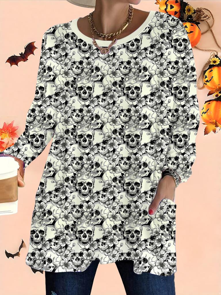 2025 Autumn Winter New Plus Size Women's Tops, Halloween 3D Print Fashion Crew Neck Long Sleeve T-Shirts