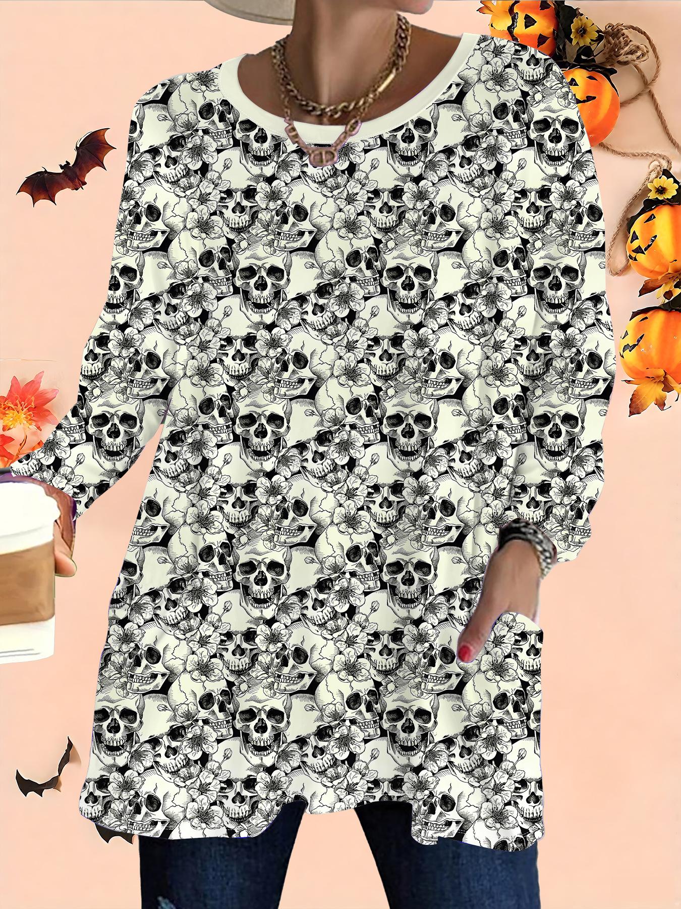 

2025 Осень Зима Новые Женские Топы Большого Размера, Модные Футболки с 3D-принтом на Хэллоуин с Круглым Вырезом и Длинным Рукавом 6XL белый