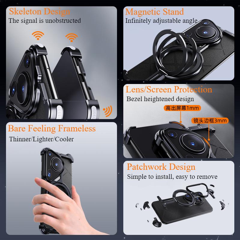 Oatsbasf Alloy Phone Case for Huawei Pura 70/70Pro/70Pro+/70Ultra with Stand Magnetic Metal Frameless Protective Cover Bumper