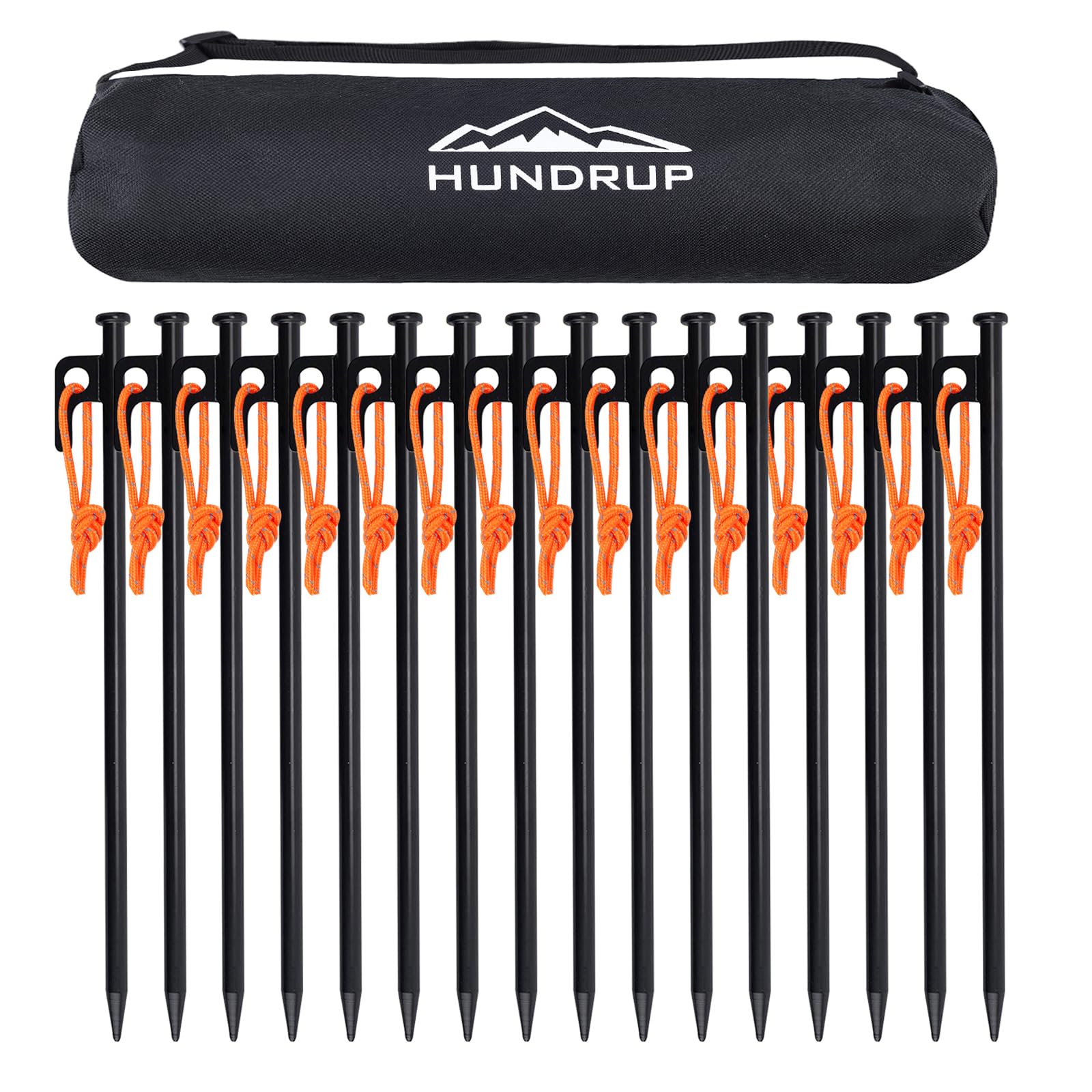 HUNDRUP [Reinforced Version] Tent Pegs, 20cm/25cm/30cm/40cm, 10/16 Peg Set, Forged Steel Pegs, Laser Welded, Reflective Rope, Solid Steel, with Storag