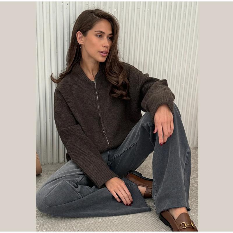 Strikket Ensfarget Dame Cardigan Løs Langermet Glidelås Dame Genser Casual Høst Vinter O-hals Rett Dame Overfrakk