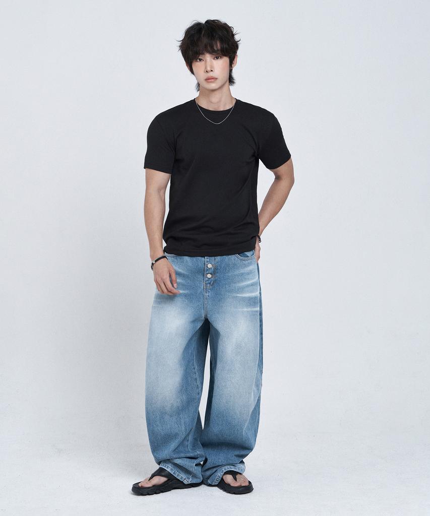 LEMAIN SECOND Semi Crew Neck Muscle Fit Plain Short Sleeve T-Shirt [Black]
