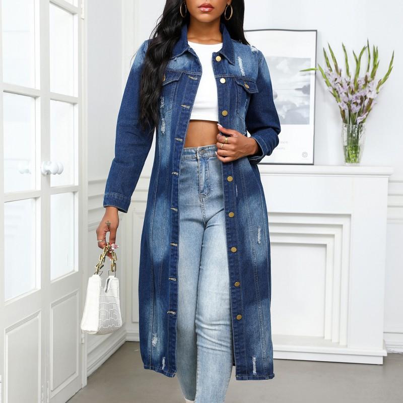 Womens Oversized Denim Trench Coat 2026 Retro Casual Longline Jacket Loose Fit
