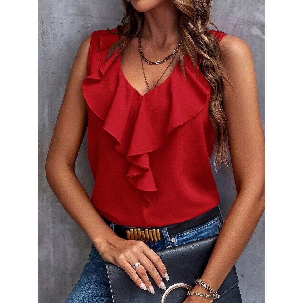 Women Sweet V-neck Ruffle Trim Sleeveless Vest Top 2 Piece Outfit Casual Daily Sets, European American Style Foreign Trade Crossbody Women's Clothing