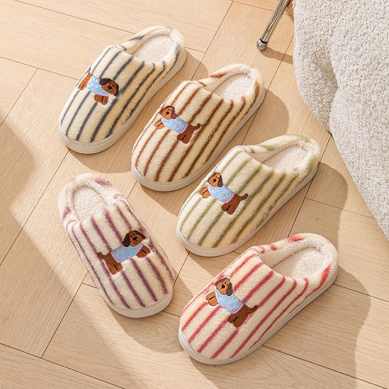 Fashion Women Indoor Cotton Slippers Cute Cartoon Dog Winter Warm Shoes Woman Men Home Slipper Anti-slip Couples House Floor Slides