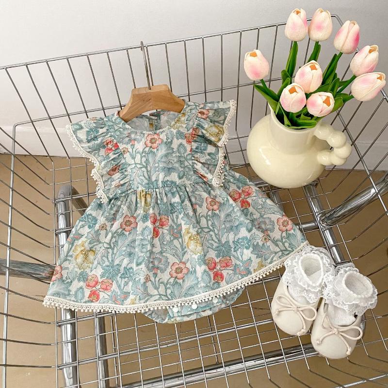 Kayoudo Baby Girl s Green Floral Flutter Sleeve Romper 90cm