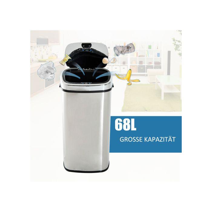 HOMCOM Poubelle Automatique Poubelle Avec Capteur, Cuisine, Inox, Argent, 68L