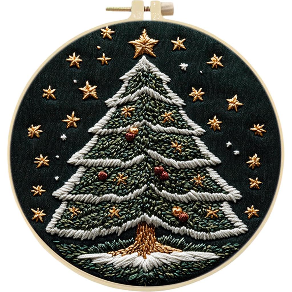 Christmas Tree Stamped Cross Stitch Embroidery Kits with Hoop Cloth Color Thread