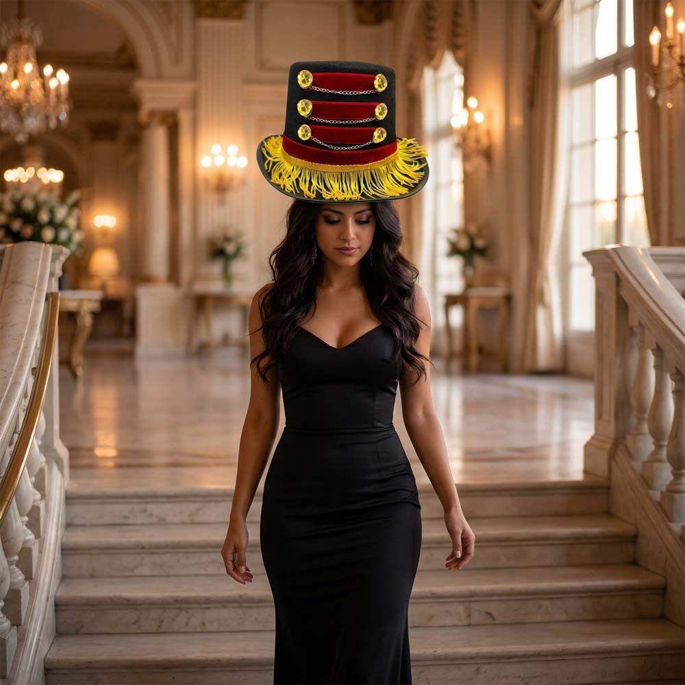 Gold Fringe Vintage Fascinator Hats Gold Chains Ringmaster Top Hat Black Circus Hat Cosplay Events