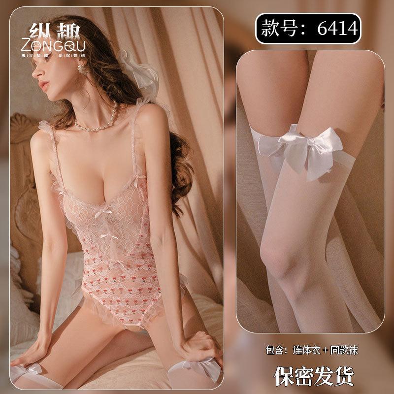 Sexy Lingerie Sexy Lace Perspective Onesie Hot Open Hollow Female Sweet Passion Suit 6414