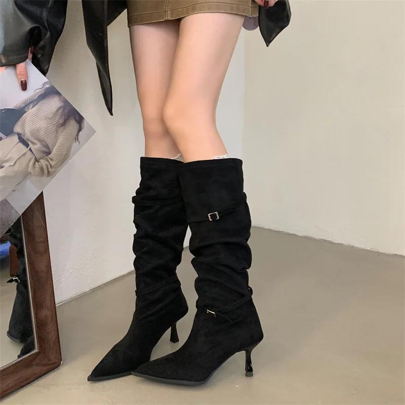 Fashion 2025 New Khaki Color Pointed Toe High Heel Boots Women's Autumn Winter New Style Matching Coat High Tube Boots Knight Long Boots