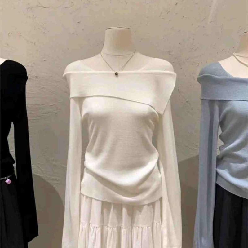

Women s autumn new long-sleeved one-word shoulder knitted sweater women s inner top short bottoming shirt One Size белый