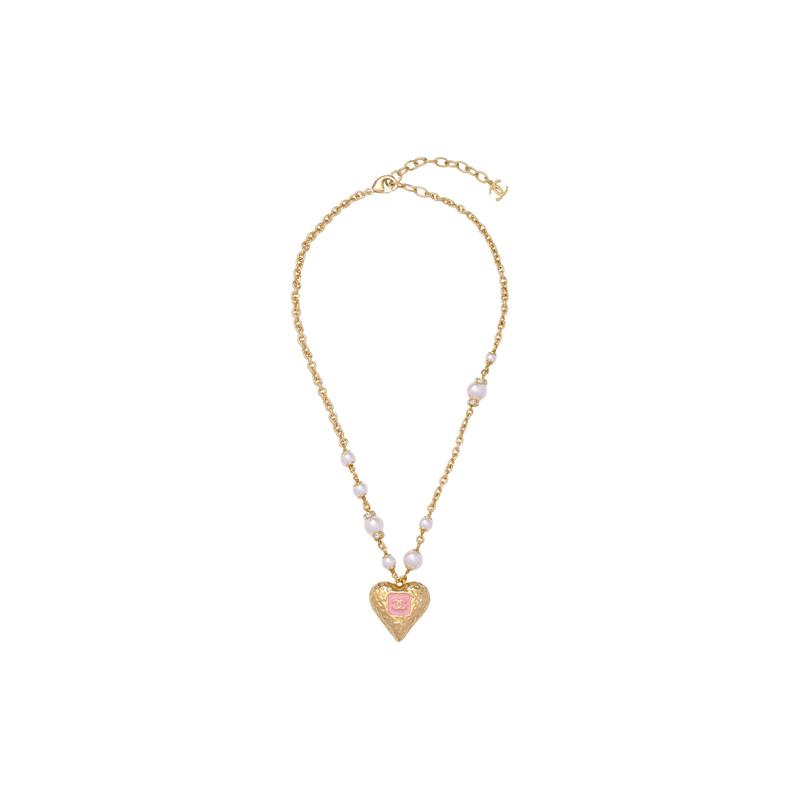 CHANEL 23k Love Classic Double C Pearl Necklace Women’s Gold