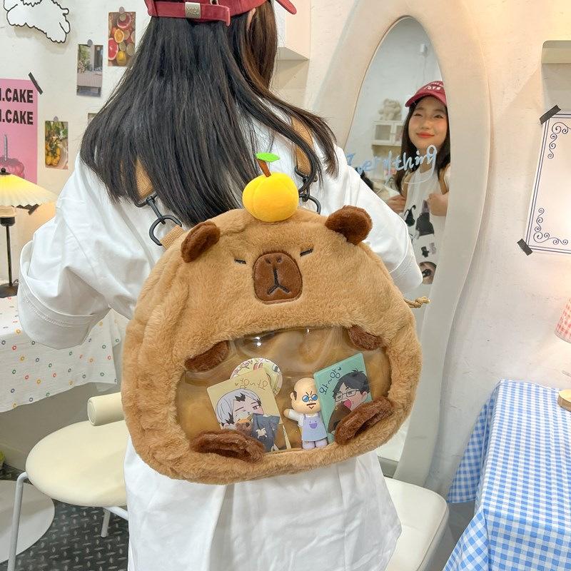 Cute Cartoon Capybara With Transparent Layer Can Hold Badge Plush Backpack