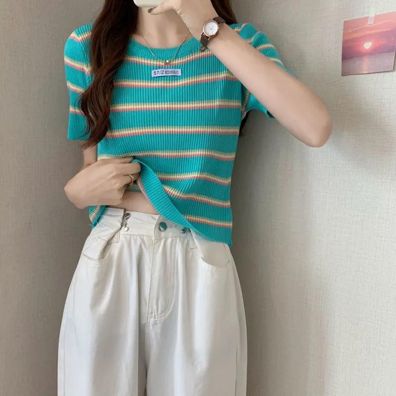 

Нове літнє надходження з коротким рукавом і круглим вирізом у стилі печворк, жіночий свіжий милий вільний в’язаний пуловер Modis Tops S синій