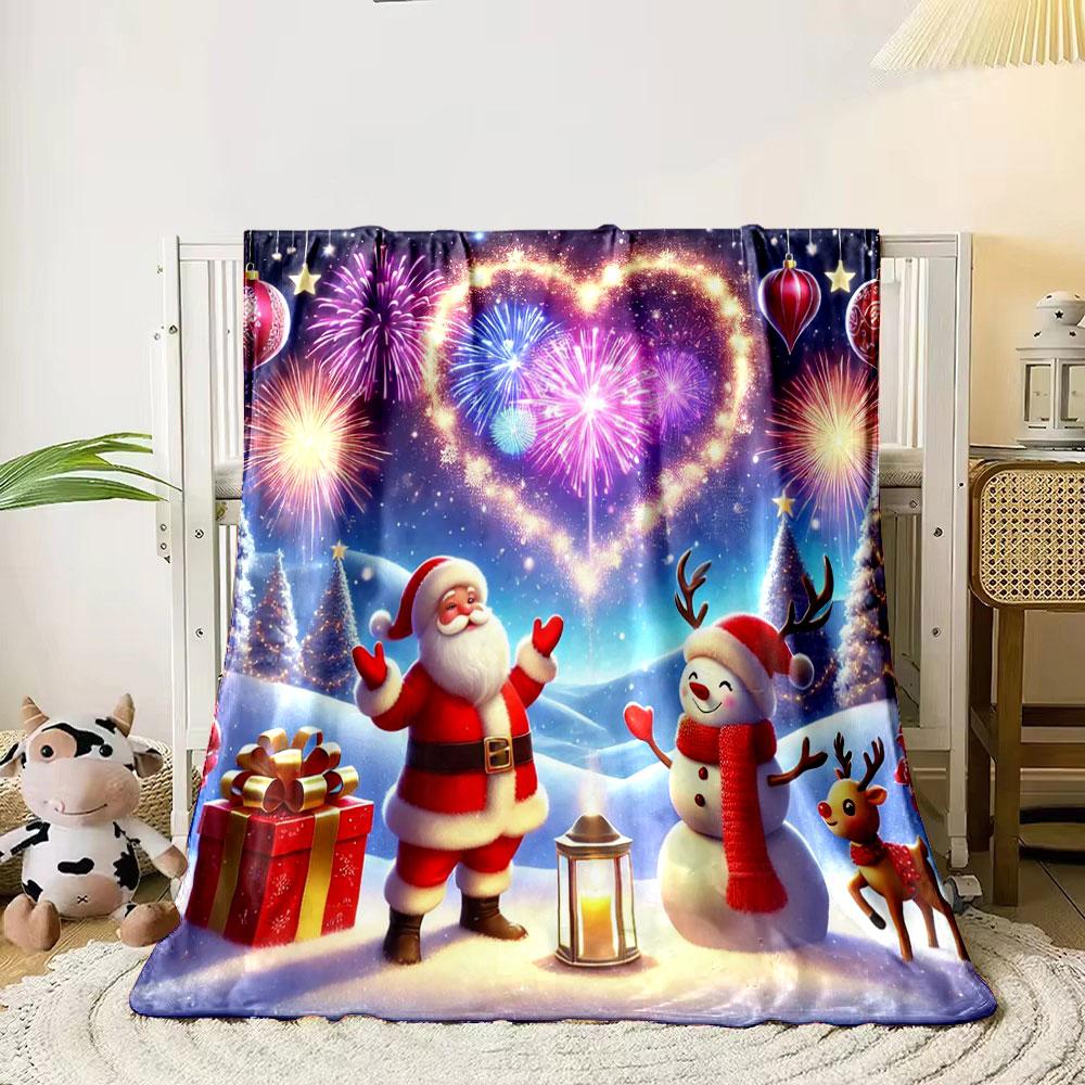 Santa and Snowman with Festive Fireworks Print Blanket Soft and Cozy Perfect for the Living Room Bed Sofa or a Nap,gift