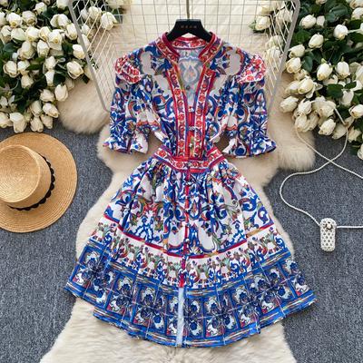 Sommer Damen Elegant Flare Ärmel Designer Print Runway Kleider V-Ausschnitt Einreihig Mini Kurzes Partykleid