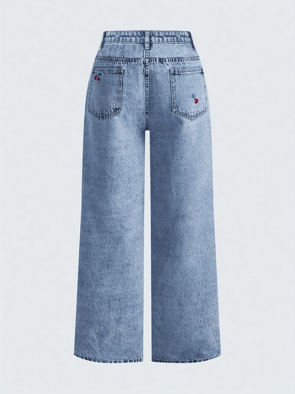 Women's Retro Smoke Gray Distressed Slimming Jeans with Red Cherry Blossom Embroidery