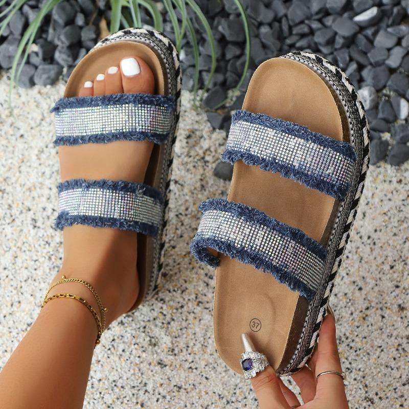 Women’s Double Strap Cork Platform Sandals with Rhinestone Buckles, Thick Sole, Summer Casual Wear