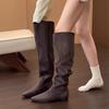 Coarse Heel Khaki Suede Tall Pile Knight Boots Women's Boots 2025 Autumn and Winter V-mouth Skinny Boots