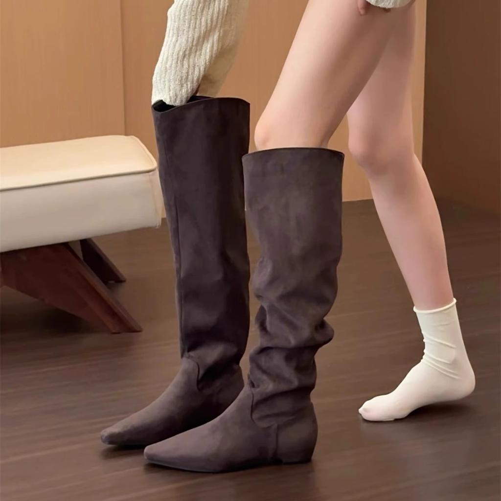 Coarse Heel Khaki Suede Tall Pile Knight Boots Women's Boots 2025 Autumn and Winter V-mouth Skinny Boots