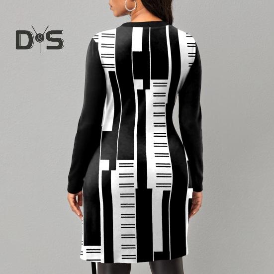 Women Autumn Winter Geometric Print Blouse O Neck Long Sleeve Side Split Hem Mid Length Pullover Tunic Tops Streetwear