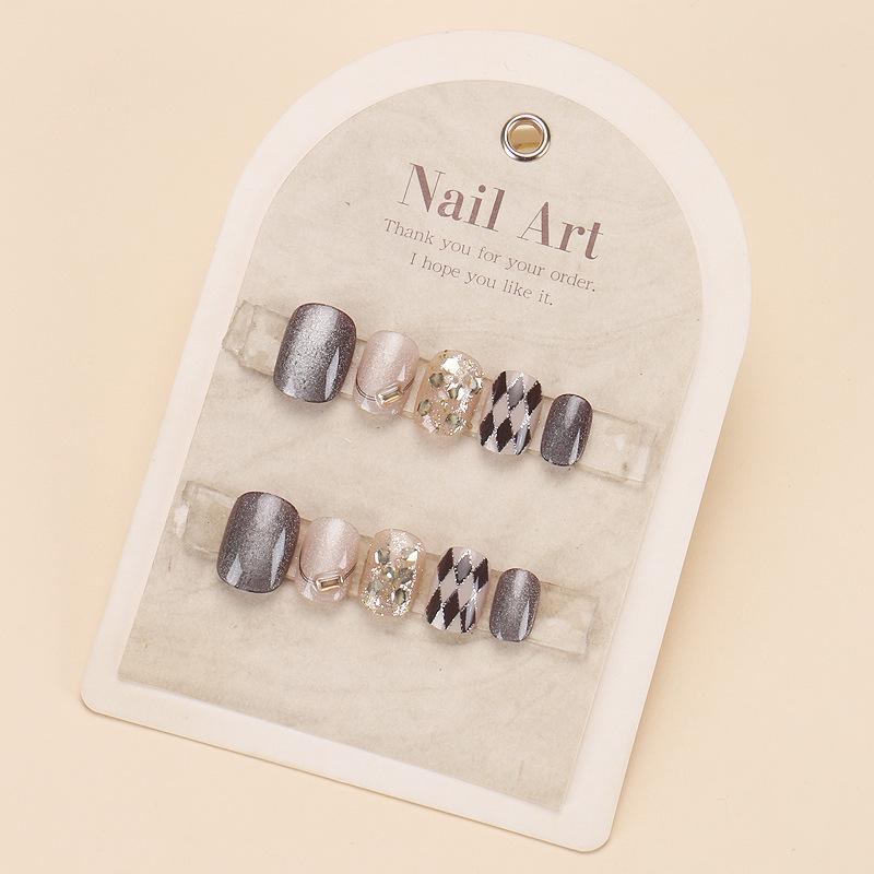 

Xiaohongshu Накладные ногти ручной работы «Кошачий глаз» в клетку, Новогодние высококлассные типсы для маникюра Handmade M #10 pieces/bag